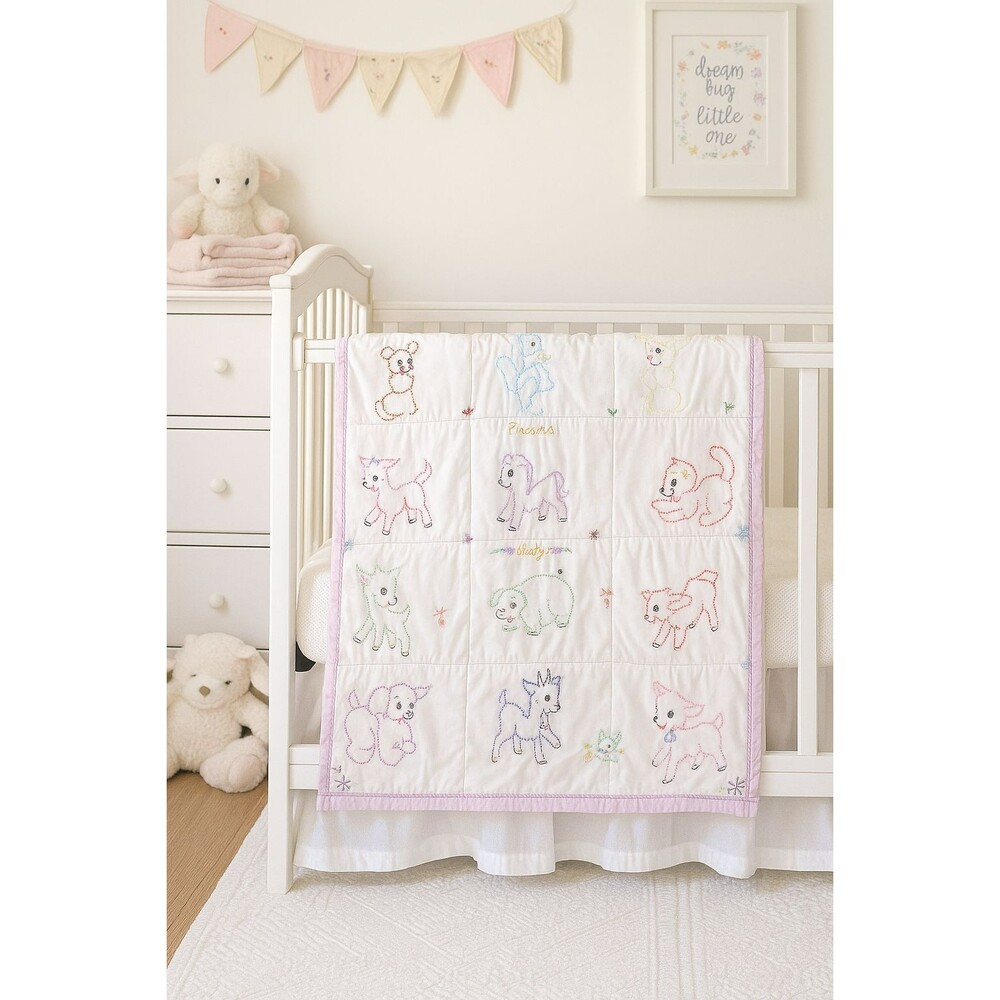 Vintage Baby Quilt Hand Embroidered Animals Pastel Crib Blanket Handmade 36x30‎